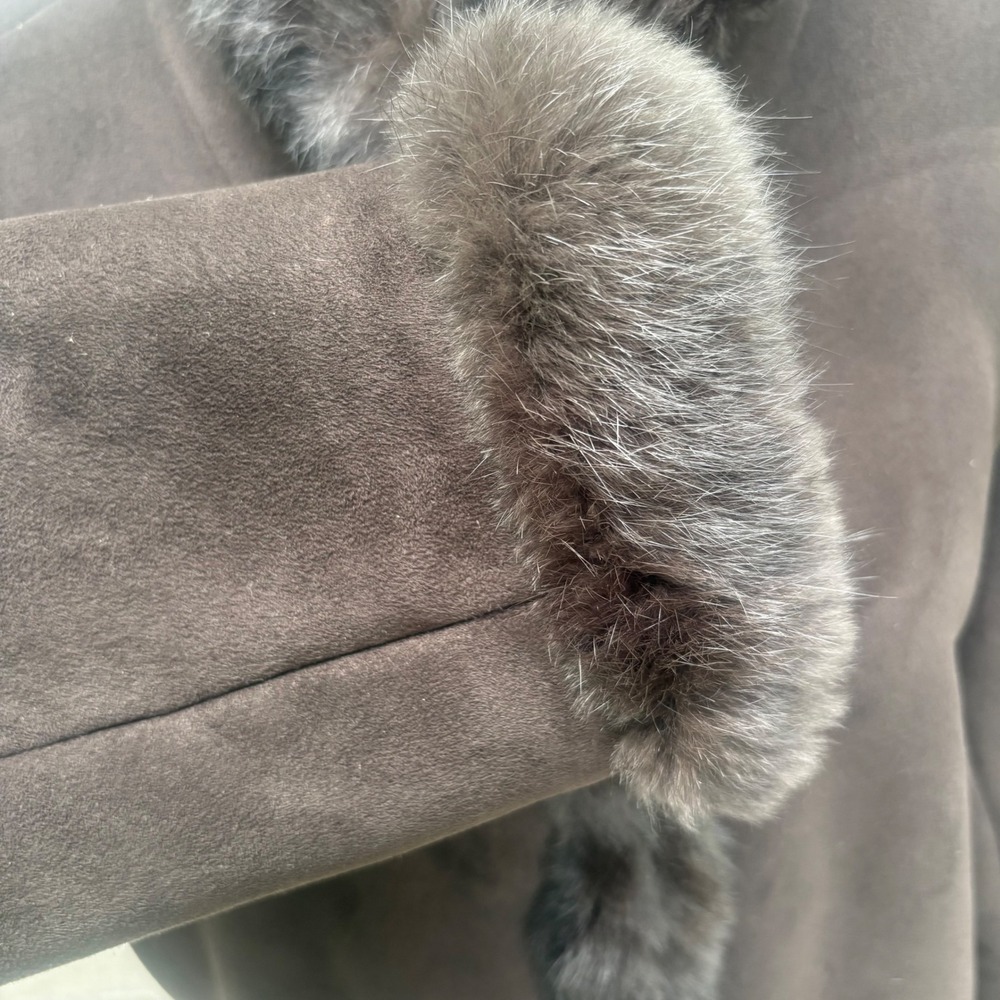Dana Buchman Faux Suede Coat L Brown Genuine Fur Trim Winter Jacket Luxe Elegant - Picture 15 of 15